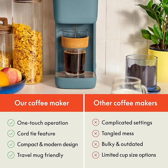 BELLA Single Serve Coffee Maker K Cup &amp Coffee Ground Compatible with Removable Adjustable Drip Tray Auto Shutoff &amp Reusable Dishwasher Safe Accessories Brews 6oz to 14oz 1000 Watt Surf