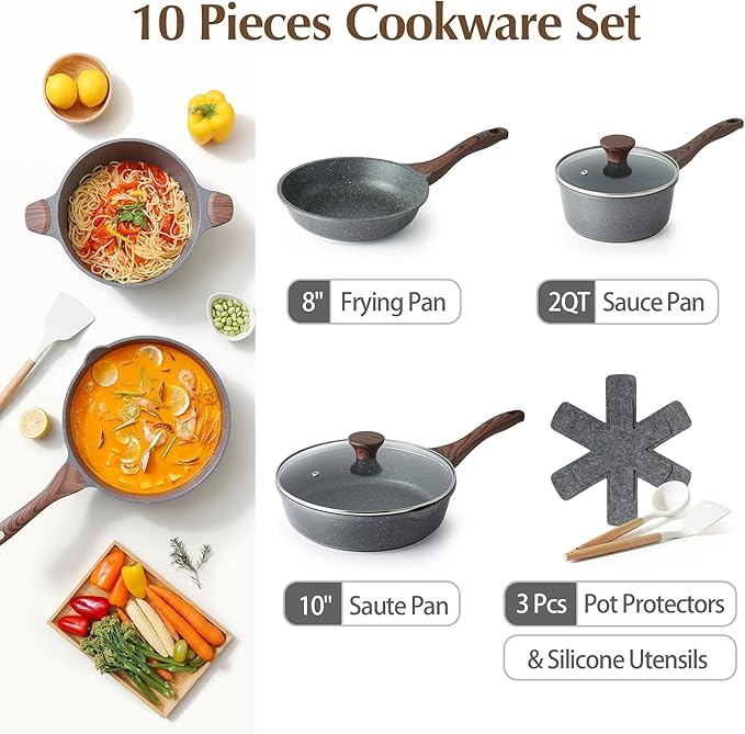 Nonstick Pots and Pans Set 10Pcs Non Stick Cookware Set with Pots Protectors Induction Kitchen Cookware Sets (Gray)