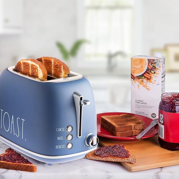Rae Dunn Retro Rounded Bread Toaster 2 Slice Stainless Steel Toaster with Removable Crumb Tray Wide Slot with 6 Browning Levels Bagel Defrost and Cancel Options Navy