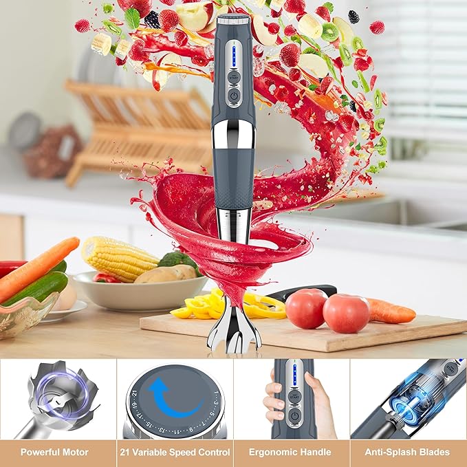 Toogel Cordless Immersion Blender Electric Hand Blender with 21-Speed &amp 3-Angle Adjust USB Rechargeable BPA-Free &amp Dishwasher Safe for Baby Food Smoothies Soup (Grey)