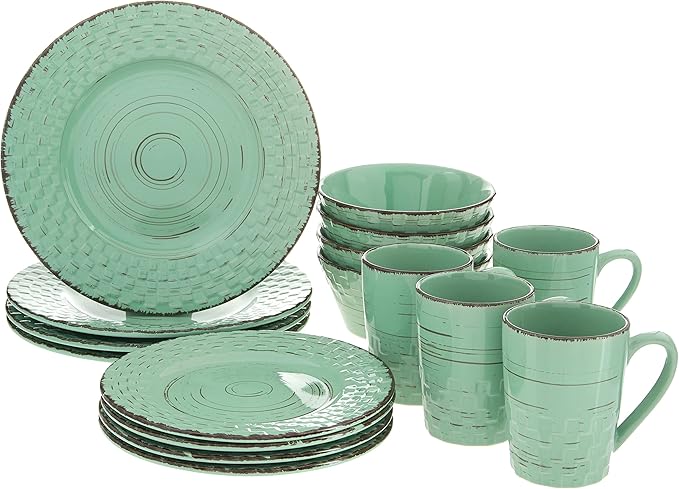 Lorren Home Trends 16 Piece Distressed Weave Dinnerware Set-Green