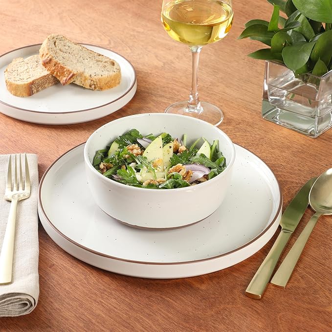 Gibson Elite Northrock Stoneware Dinnerware Set 12-Piece Service for 4 Plates and Bowls Set – White Dishes with Hand-Painted Terracotta Base