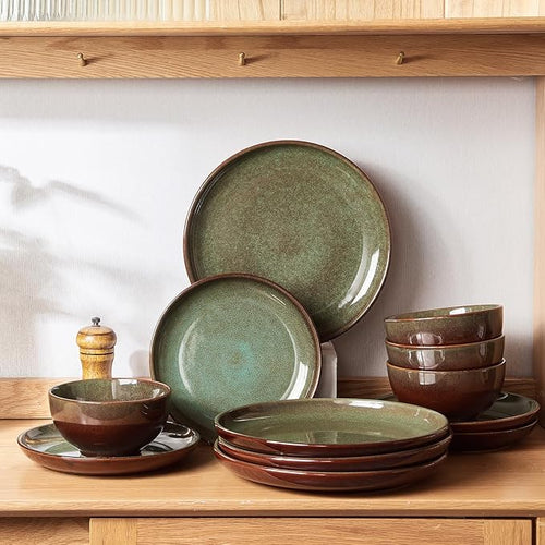 12 Piece Dinnerware Set Includes 6 Piece Dinner Plate Set Combo Brown Green