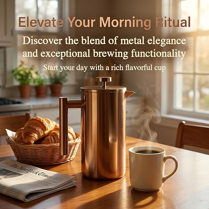 YJX 34oz Coffee Maker Stainless Steel French Press 1 Liter Camping Coffee Pot Tea Maker 34 Ounce Travel Coffee Presses Heat Resistant Double Insulated (Coppery)