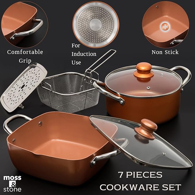 Moss &amp Stone 7 Pcs Copper Chef Cookware Non Stick Deep Frying Pan 9.5 x 3.5 Fry Basket Dishwasher &amp Oven Safe 5 Qt Deep Square Pot Non Stick Pan &amp Round Pot Induction Copper Cookwar