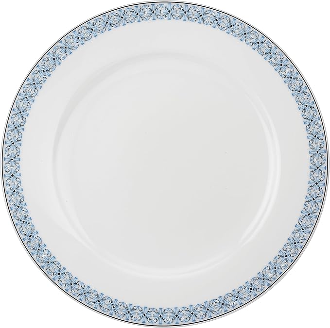 Portmeirion Home Mallorca 16 Piece Porcelain Dinnerware Set with Blue Geometric Border 4 Place Settings - Ideal for Weekday Meals Casual Brunches Relaxed Dinner Parties Small Family Celebrations