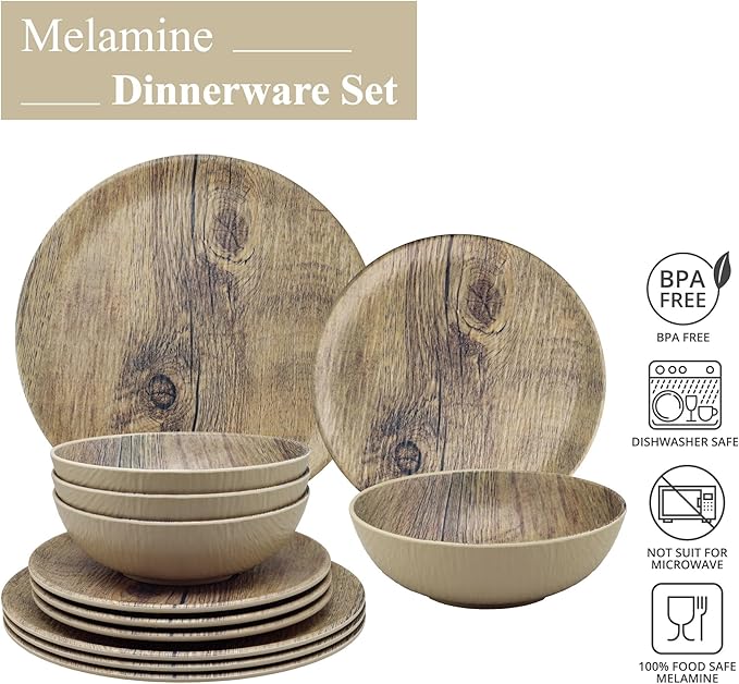 UPware 12 Piece Wood Grain Melamine Dinnerware Sets Outdoor Dishes Set Plates and Bowls Sets Service for 4 Brown
