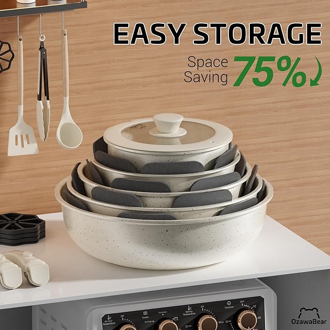 23 Pcs Pots and Pans Set Non Stick Ceramic Cookware Set Non Toxic with Detachable Handles Healthy Induction Cookware Oven Safe RV Kitchen Set PFAS PFOA &amp PTFE Free Cream White