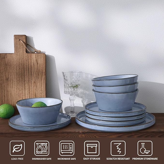 Famiware Annecy Dinner Plates and Bowls Sets Stoneware Dinnerware Sets Dishes Set for 6 18 Pieces Handmade Dishware Set - Microwave &amp Dishwasher Safe Double Reactive Glaze Tableware Reactive