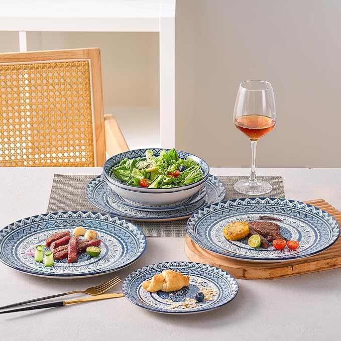 Bestone Ceramic 12-Pieces Dinnerware Sets Ceramic Dish Plates and Bowls Sets Dishes Set for 4 Dinner Salad Dessert Plates and Cereal Bowls Set GiftVintage Blue
