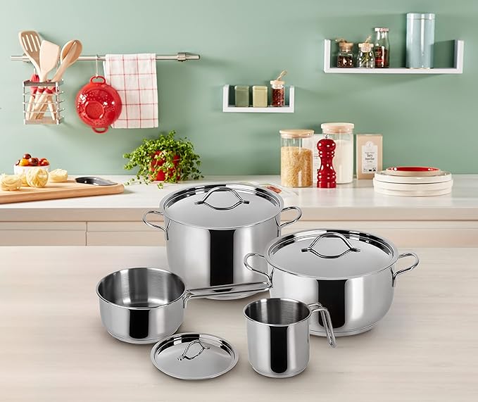 Lagostina Every Stainless Steel Cookware Set 7-Piece Set Two-Handle Saucepan 18 cm Deep Casserole 22 cm Milk Pan 12 cm Deep Casserole 14 cm Long Handle and Lids 14.18 and 22 cm