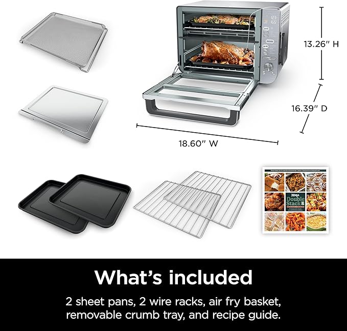 Ninja Air Fryer &amp Toaster Oven Combo with Thermometer| Double Stack XL | 12-in-1 | Smart Finish &amp DualZone Technology Cook 2 Meals at Once | Air Fry Bake Broil Reheat | Stainless Steel | DC