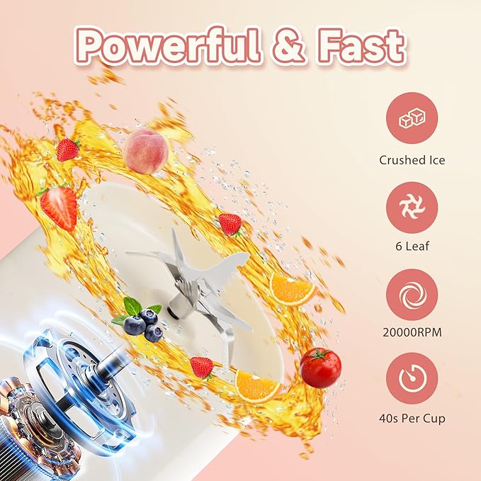 Portable Stainless Steel Blender Cup with 6H Insulated 16oz Design USB-C Rechargeable Personal Fruit Mixer Crushes Small Ice Cubes for Fresh Drinks Travel/Office/Gym – Pink