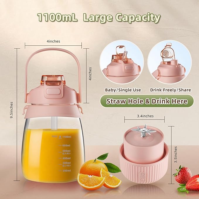 1100ml Portable Juicer with 10-Blade Turbo Juicing USB-C Fast Charging 12+ Cups per Charge Juice Glass with Sip Lid &amp Carrying Strap for Travel &amp office &amp Gym. Not for Ice Crushing. (Pr