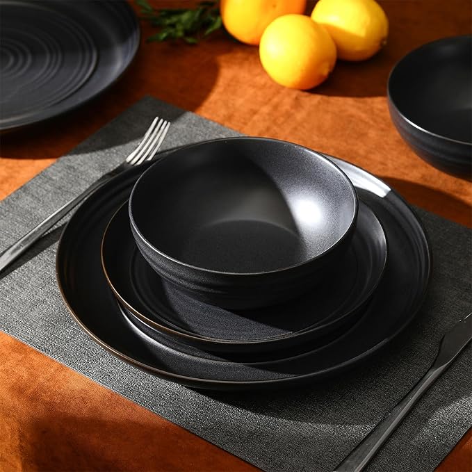 Stone Lain Elio 24-Piece Dinnerware Set Stoneware Plates and Bowls Set Dish Set for 8 Black