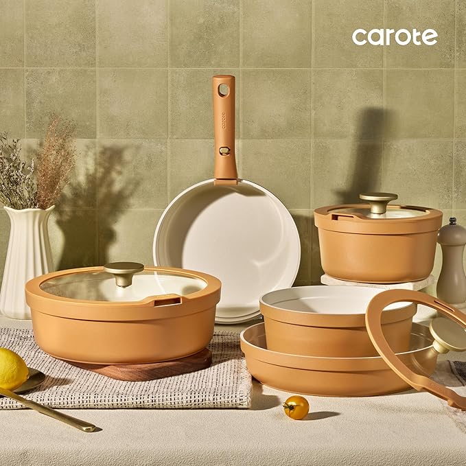 Carote 20pcs Ceramic Cookware Set with Detachable Handles Pots and Pans Set Non Stick RV Kitchen Cooking Pot and Pan Dishwasher Safe Non-toxic Induction Cookware PFAS and PFOA FreeOrange
