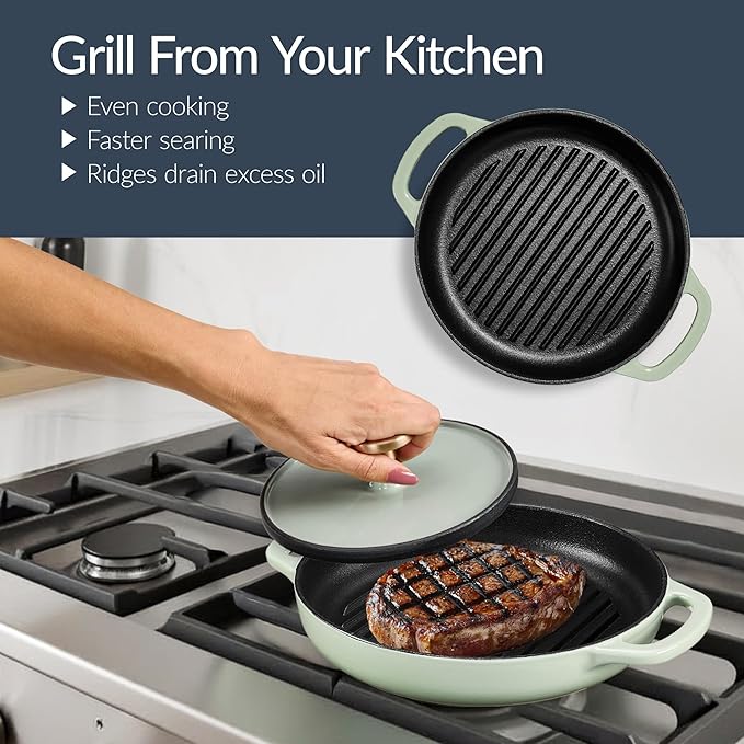 Best Choice Products Non-Stick Pot &amp Pan Cookware Set Cast Iron 2Qt Skillet W/Lid 10 Grill Or Griddle Pan W/Press 6Qt Enameled Dutch Oven Non-toxic For Cooking &amp Grilling - Sage