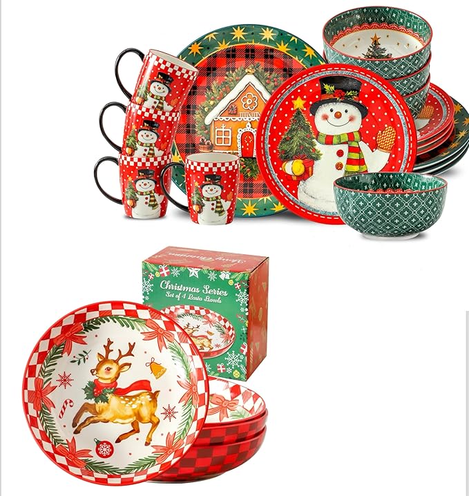 Hasense 16 Pcs Christmas Dishes and 42OZ Pasta Bowl Set of 4