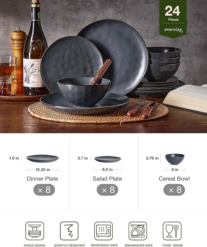 Famiware Dinnerware Sets for 8 Ocean Round 24-Piece Kitchen Plates and Bowls Sets Microwave and Dishwasher Safe Scratch Resistant Matte Black
