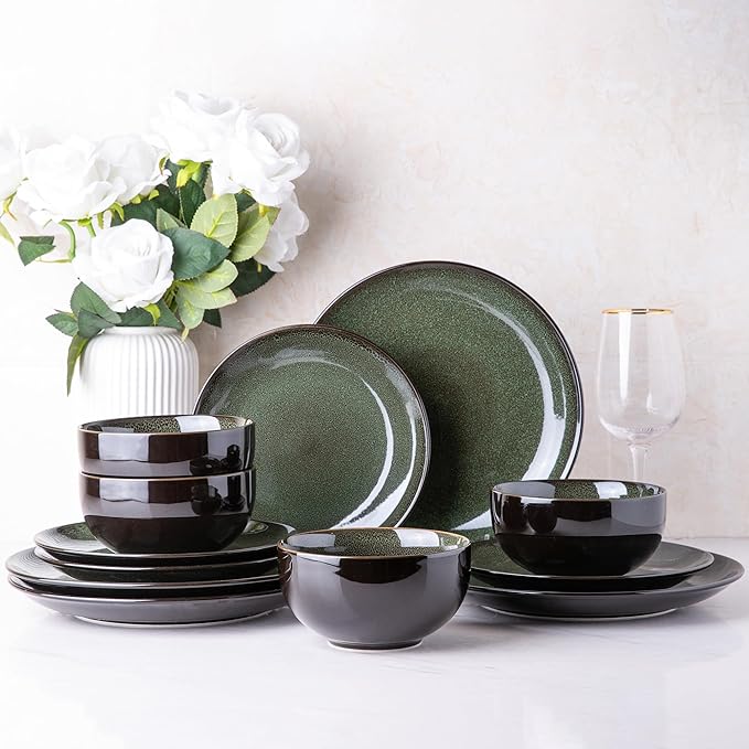 LERATIO Ceramic Dinnerware Sets for 8Stoneware Plates and Bowls SetsHandmade Reactive Glaze Dishes SetChip Resistant and Scratch Resistant | Oven&ampDishwasher &amp Microwave Safe-Green(24PCS)