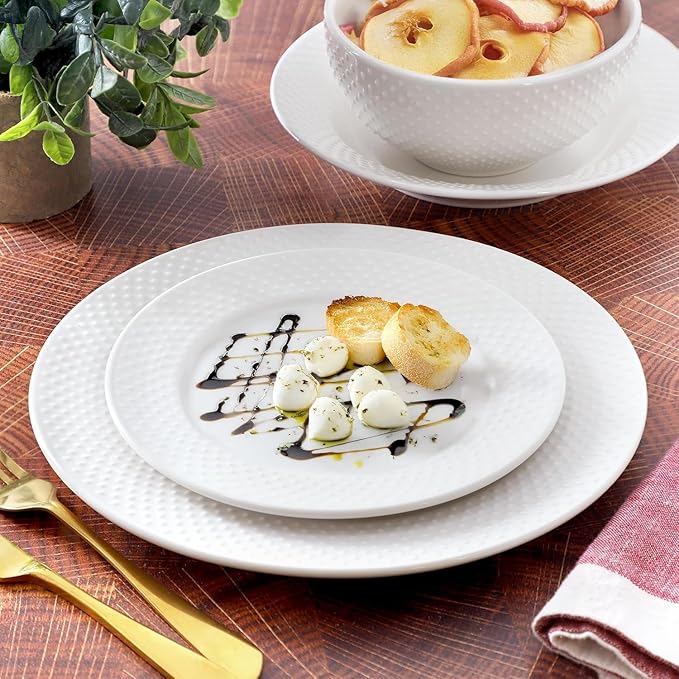 16 Piece Porcelain Dinnerware Set – White Hobnail Embossed Dish Set for 4 Microwave &amp Dishwasher Safe Plates and Bowls