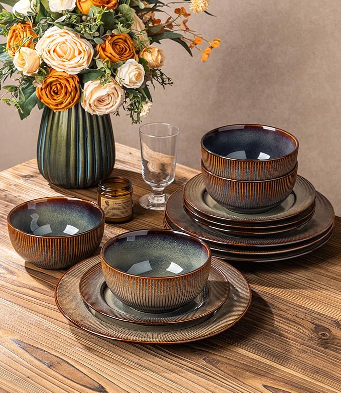 TheTerra Stoneware Dinnerware Sets for 4 12 Pieces Ceramic Plates and Bowls Sets Scratch Resistant Embossed Dish Set Oven Microwave &amp Dishwasher Safe Coca Mocha