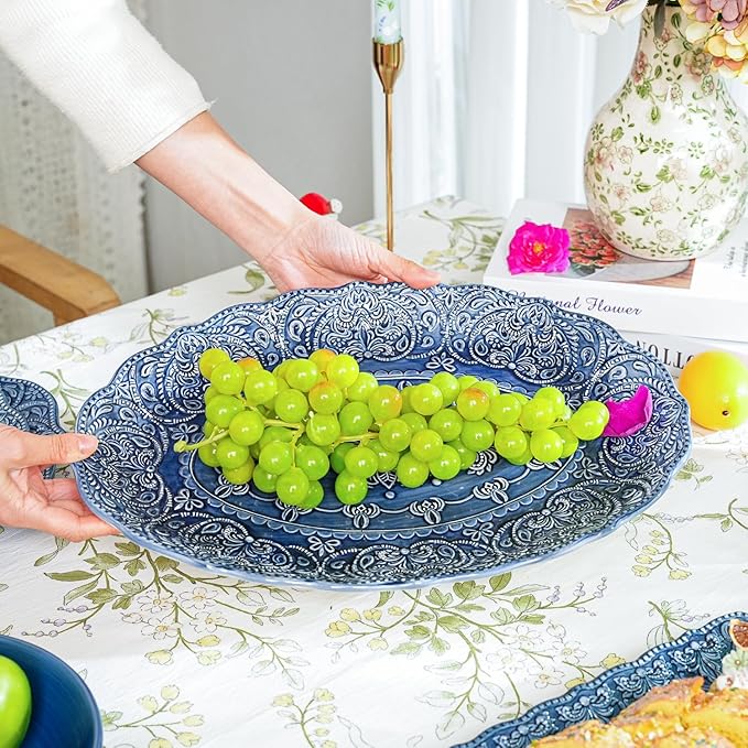 Sungmor Embossed Stoneware Fine Dining Dinnerware Antique Baroque Style Porcelain Serving Platter Set of 2 &amp 16 Inch Oval Large Serving Plates Sophisticated Ceramic Serving Dish Party Table Dec