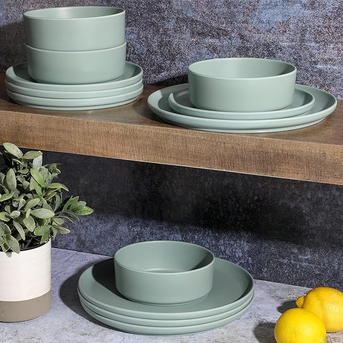 12-Piece Round Melamine Dinnerware Set – Lightweight Shatter-Resistant Plates &amp Bowls for 4 Stackable &amp Dishwasher Safe Tableware – Indoor &amp Outdoor Use (Sage Green)