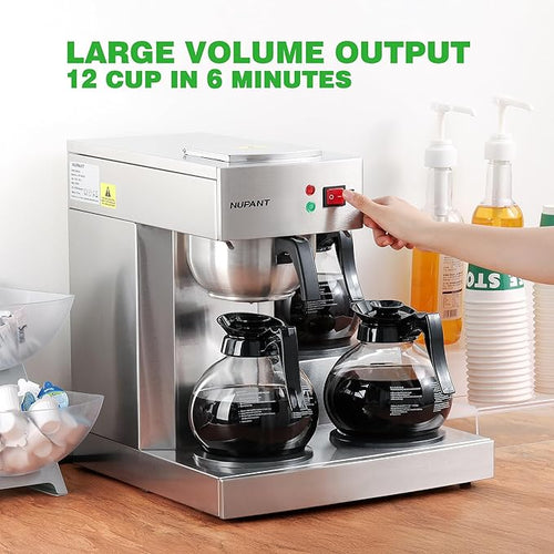 12 Cup Commercial Coffee MakerDrip Coffee Maker Machine with 3 Warmers Plate and 3 Glass Decanters Stainless Steel Pour Over Commercial Coffee Brewer for Restaurant Office Cafe Use