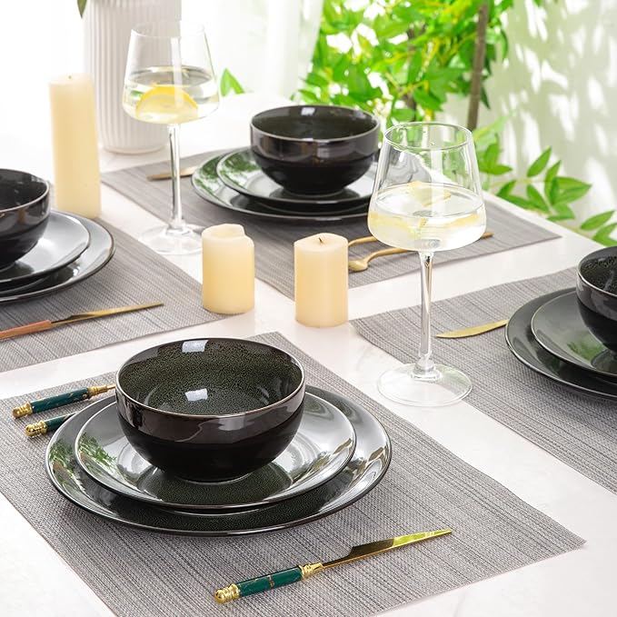 LERATIO Ceramic Dinnerware Sets for 8Stoneware Plates and Bowls SetsHandmade Reactive Glaze Dishes SetChip Resistant and Scratch Resistant | Oven&ampDishwasher &amp Microwave Safe-Green(28PCS)