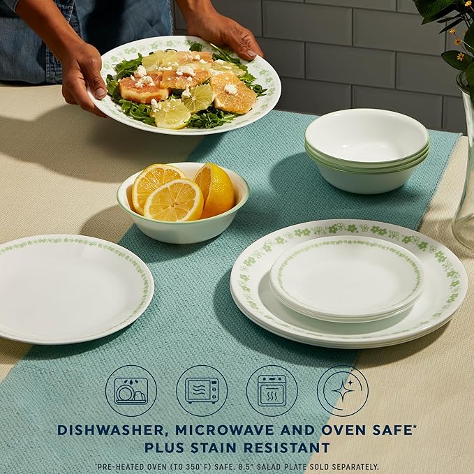 Corelle Vitrelle 18 Piece Glass Dinnerware Sets Service for 6 Triple Layer Chip &amp Crack Resistant Glass Plate and Bowl Sets Spring Blossom Green