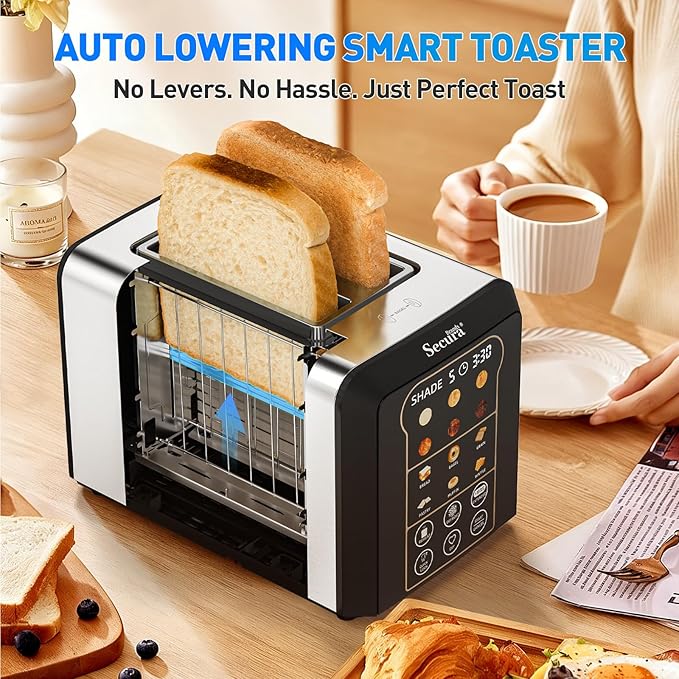 2 Slice Automatic Toaster Touch Screen Smart Toaster with Digital Timer 6 Bread Types 6 Browning Levels Reheat/Defrost +10s Extend Custom Memory Settings for Home RV Office