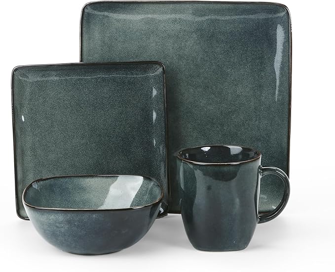 Famiware Ocean Square Plates and Bowls Sets for Kitchen 16-Piece Dinnerware Sets for 4 Mug Set for 4 Deep Forest