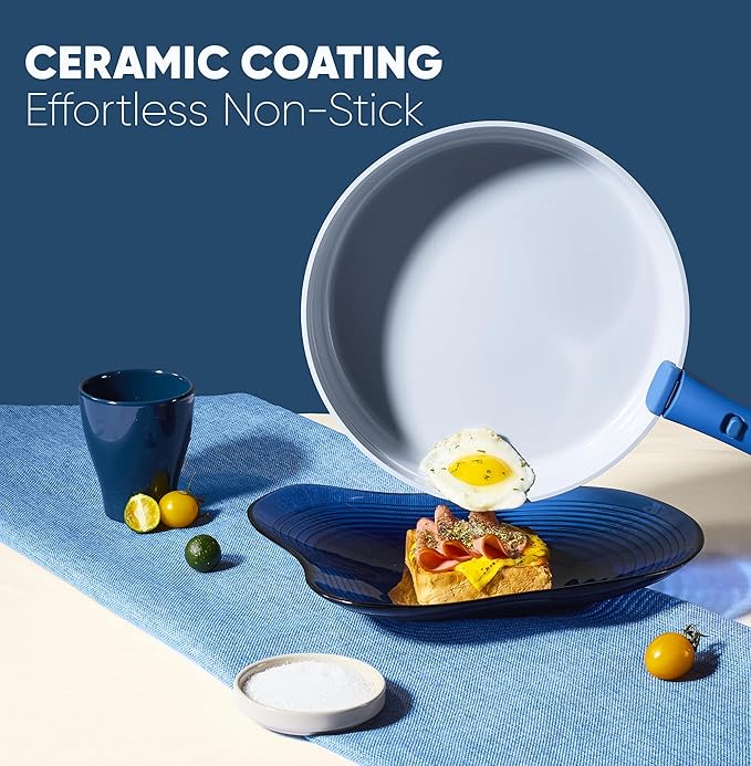 CAROTE 9pcs Pots and Pans SetCeramic Cookware Sets Non Stick with Detachable Handle Induction Kitchen Pots and PansRV Cooking Set Oven/Dishwasher/Fridge Safe Malta Blue