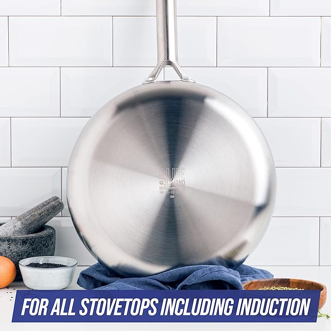 Blue Diamond Cookware Tri-Ply Stainless Steel Ceramic Nonstick 6 Piece Cookware Pots and Pans Set PFAS-Free Multi Clad Induction Dishwasher Safe Oven Safe Silver