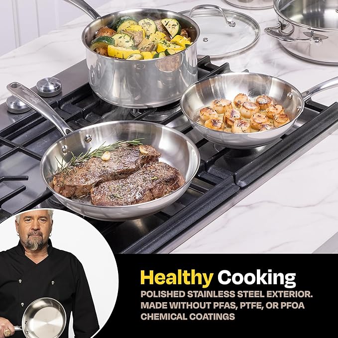 Guy Fieri's Flavortown 10-Piece Stainless Steel Cookware Set - Includes Frying Pans Saucepans Saute Pan and Stock Pot - Pots and Pans Oven-Safe up to 500F