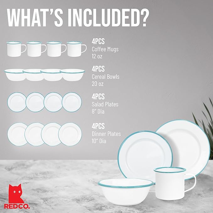 Red Co. 16-Piece Enamelware Metal Dinnerware Set for 4 Solid White/Teal Rim