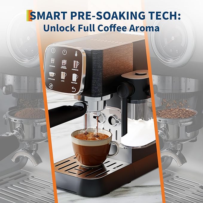 Fully Automatic Coffee Machine 20 Bar Pressure Touchscreen Control Adjustable Temperature Quick Heating Removable Water Tank Milk Frother Stainless Steel for Home Kitchen