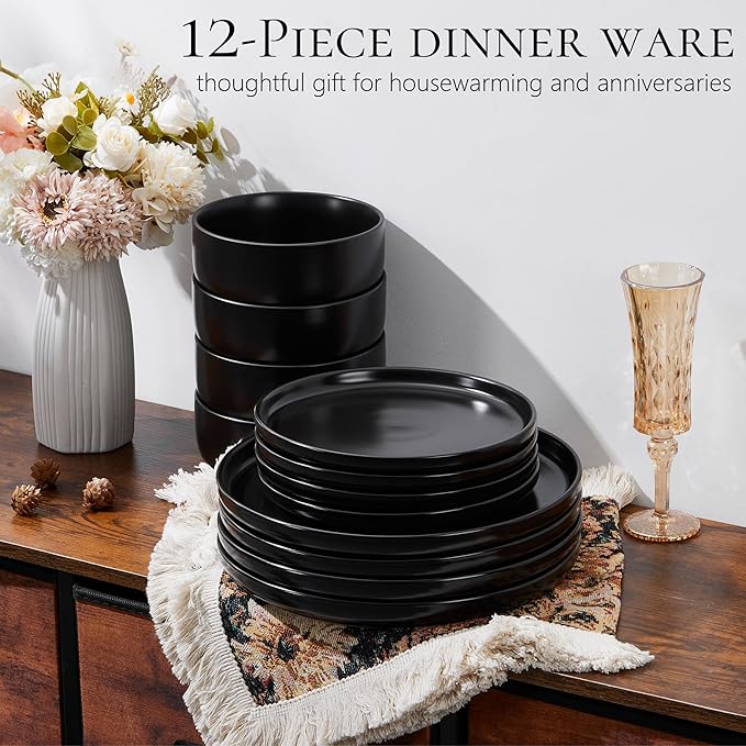 Vesteel Dinnerware Sets for 4 12-Piece Stoneware Dish and Bowls Set Handmade Reactive Glaze Coupe Plates Set for Family Chip &amp Scratch Resistant - Matte Black