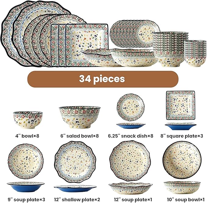 Dinnerware Sets - Luxury Gift Dishes Service Set Ceramics Dinnerware Set Bohemian Style Porcelain Dinner Sets of 34 | Folk-Custom Cereal Bowl and Steak Plate Set for Wedding Gift(D)