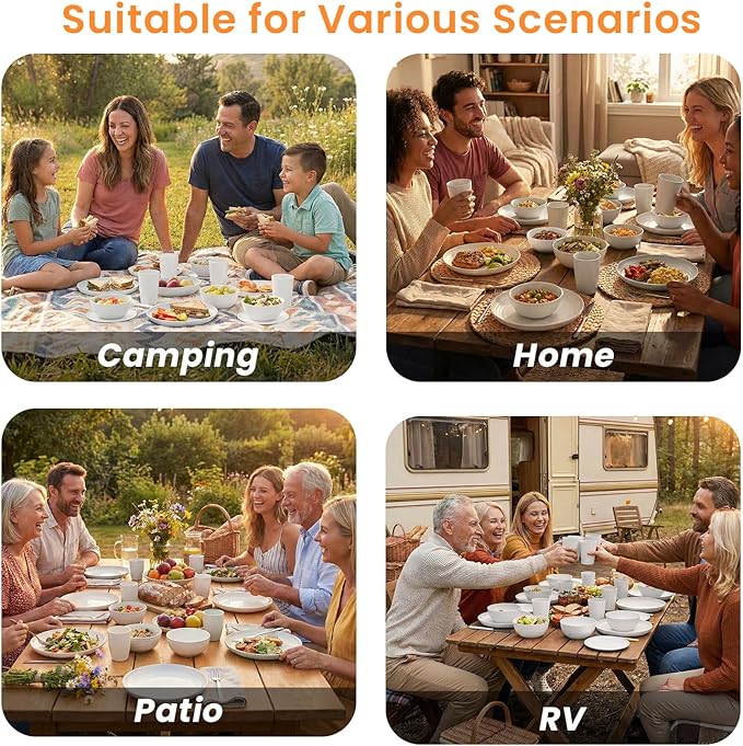 Plates and Bowls Sets for 8 Unbreakable &amp Lightweight Wheat Straw Dinnerware Sets 32 PCS Microwave Safe Dishes Set for 8 Dinner Plate Kitchen Cups and Bowls for Outdoor- White