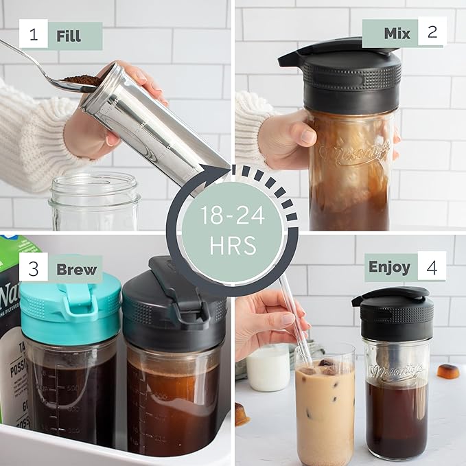 Masontops Cold Brew Makers Kit - Deluxe Iced Coffee Maker with Glass Pitcher &amp Stainless Steel Mesh Filter - Easy Pour Fridge Cold Brewer System