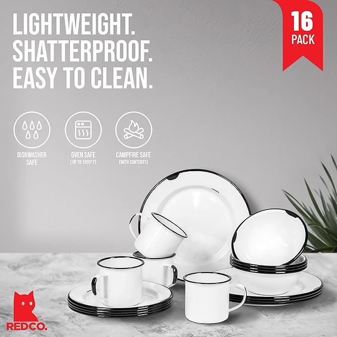 Red Co. 16-Piece Enamelware Metal Dinnerware Set for 4 Distressed White/Black Rim