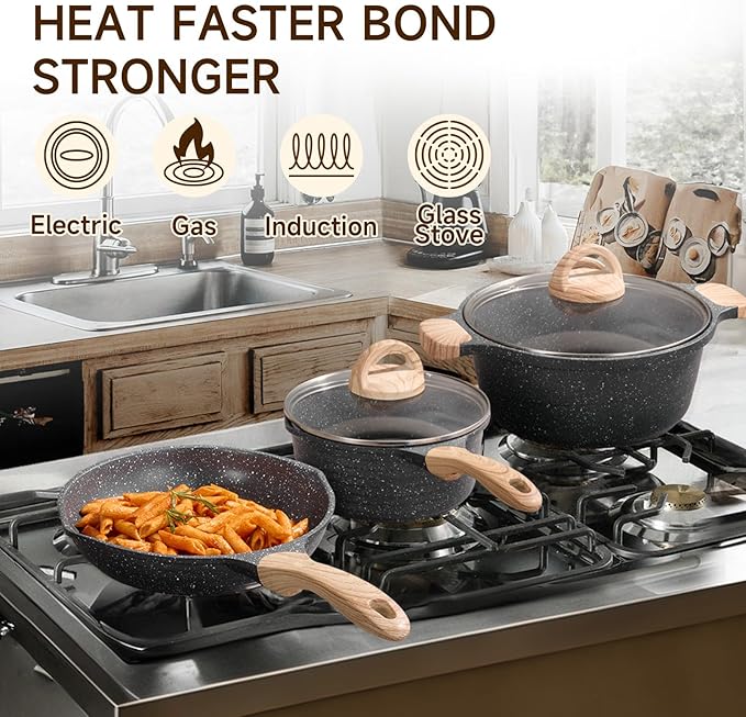 JEETEE Pots and Pans Set Non Stick 23pcs Healthy Kitchen Cookware Sets Induction Cooking Set W/Gray Frying Pans Saucepans Sauté &amp Griddle &amp Crepe Pan (PFOA PFAS Free)