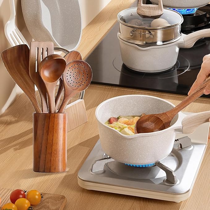 Wooden Kitchen Utensil Set 9-Piece Cooking Tools with Holder and Spoon Rest Wooden Spoons for Cooking
