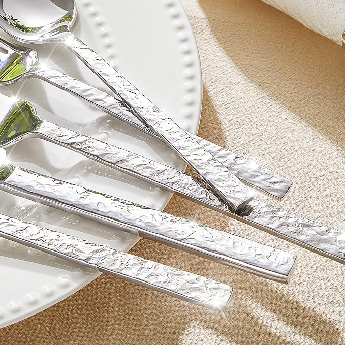 KINGSTONE 60 Pcs Hammered Silverware Set for 12 18/10 Stainless Steel Heavy Duty Flatware Set Tableware Cutlery Utensil Sets for Home Restaurant Dishwasher Safe