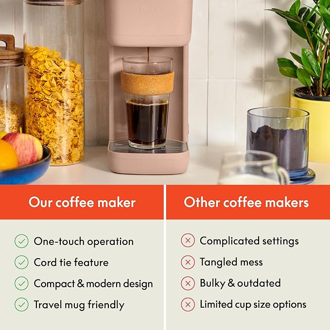BELLA Single Serve Coffee Maker K Cup &amp Coffee Ground Compatible with Removable Adjustable Drip Tray Auto Shutoff &amp Reusable Dishwasher Safe Accessories Brews 6oz to 14oz 1000 Watt Bloss