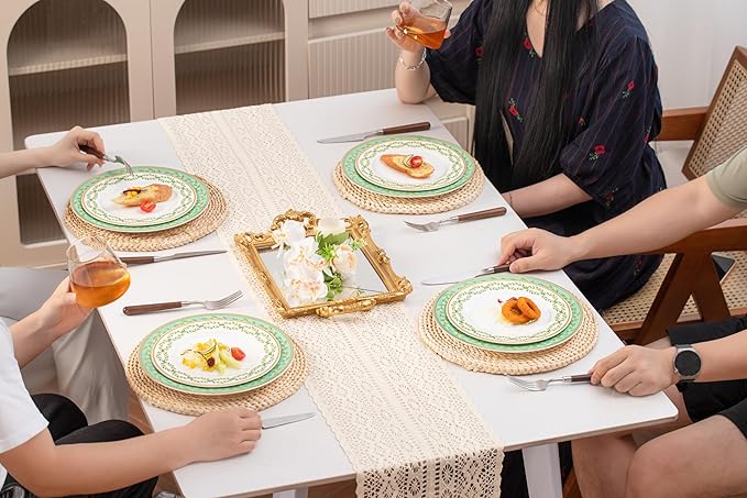 High Bone China Dinnerware Set 12-Piece Artistic Green Plates and Bowls Lightweight &amp Chip Resistant Ceramic Service for 4 Dishwasher Safe Elegant Kitchen Dining