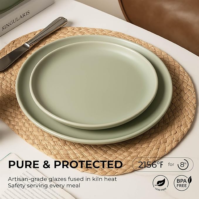 12-Piece Stoneware Dinnerware Set for 4 10 Plates &amp 7.5 Salad Plates &amp 5.9 Bowls Microwave &amp Dishwasher Safe Stackable Matte Glaze Kitchenware Chip &amp Scratch Resistant(Green)
