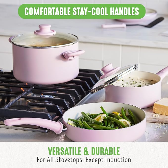GreenLife 16-Piece Set 2 Cutting boards 20 Electric Griddle 1QT and 2QT Saucepan Pot Set with Lids Ceramic Nonstick PFAS-Free PFOA-Free Dishwasher Safe Soft Pink